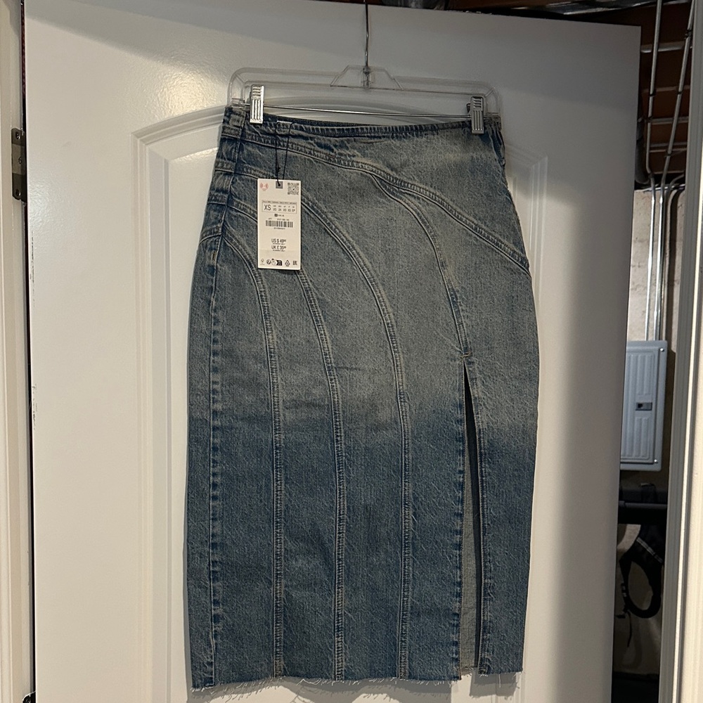 Zara Denim Midi Skirt with Front Slit NWT
